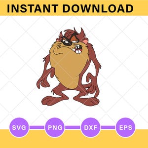 May include: A digital graphic illustration of the Tasmanian Devil character featuring brown fur, a tan chest, and a fierce expression with bared teeth. The image includes the text INSTANT DOWNLOAD at the top and SVG, PNG, DXF, and EPS labels below.
