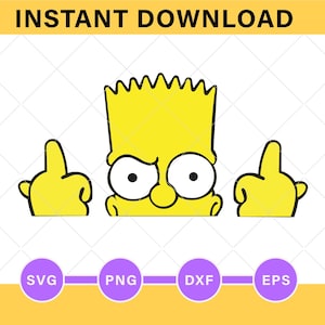 May include: A yellow cartoon character with spiky hair and large round eyes, shown from the chest up, holding up both middle fingers. Below the character are four purple circular icons containing the white text SVG, PNG, DXF, and EPS.