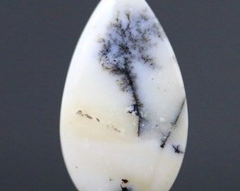 Dendritic Opal Merlinite Natural Flat Back Gemstone White and Black Stone Specimen High Polish Teardrop Cut by CabAddict 28MM | 14 CARATS