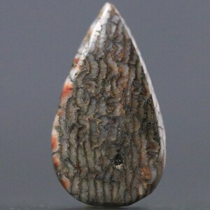 May include: A teardrop-shaped gemstone with a textured surface. The stone features a pattern of grey, brown, and white, with hints of orange. The polished stone is smooth and has a natural, organic appearance. Ideal for jewellery making.