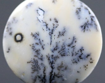Dendritic Agate Merlinite White Opal with Manganese Fern Inclusions Natural Polished Flat Back Gemstone Cabochon 30MM | 43 CARATS