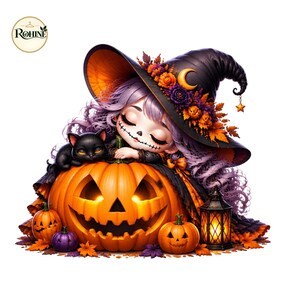 Slapende heks en pompoen sublimatieontwerp, chibi Halloween shirtkunst (PNG)