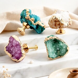 Natural Crystal Door Knobs, Gold Edge Geode Drawer Pulls, Raw Amethyst & Quartz Cabinet Hardware, Boho Furniture Knobs, Housewarming Gift