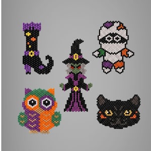 May include: A collection of five beaded patches featuring Halloween-themed designs: a black witch boot, a witch in a purple and black outfit, a mummy, a colorful owl with orange and purple feathers, and a black cat face with yellow eyes.