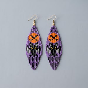Modèle de boucles d'oreilles chauve-souris perlées pour Halloween | Tutoriel de perles de rocaille au point Peyote pour Halloween | Perles Miyuki Delica 11/0 | Bijoux effrayants