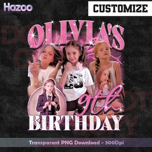 Puede incluir: Diseño gráfico digital con un grupo de chicas jóvenes. El diseño incluye el texto "Olivia's 9th Birthday" en una fuente rosa brillante. La palabra "Customize" está en la parte superior. El fondo es oscuro.