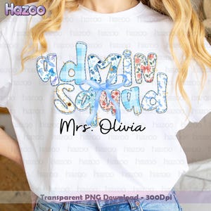 PNG personalizado para equipo administrativo, diseño de camiseta personalizada para profesor, sublimación para secretaria escolar, arte de lazo azul coqueto, regalo para personal de oficina y profesor