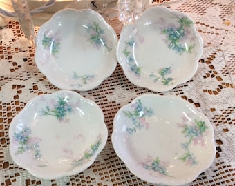 Vintage Theodore Haviland Limoges Butter Pats Hand Painted Set Of 4 Floral Hand Painted Roses Shabby Chic Blues Pinks Scroll Edge