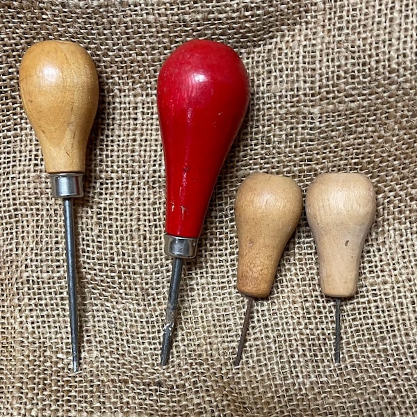 Vintage Choice of 4 Wood Handles Awls Leather Punch Red Wood Tools Hand Tools Found Objects Art Refurbish Display Steampunk Reinvent