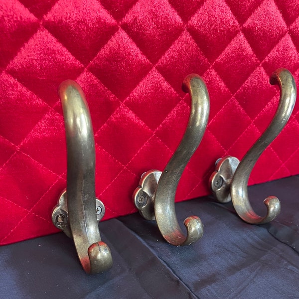 Vintage Antique Victorian Style Brass Double Hat Coat Hooks Wall Mount Patina With Brass Screws 3 Available Priced EACH Heavy Thick