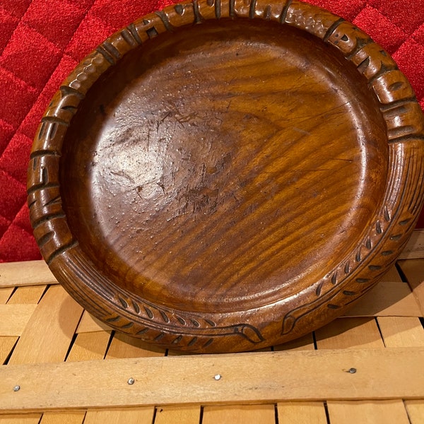 Hand Turned Old Germany Lords Prayer Plate UNSER TAGLICH BROT Carved Wood Bread Plate