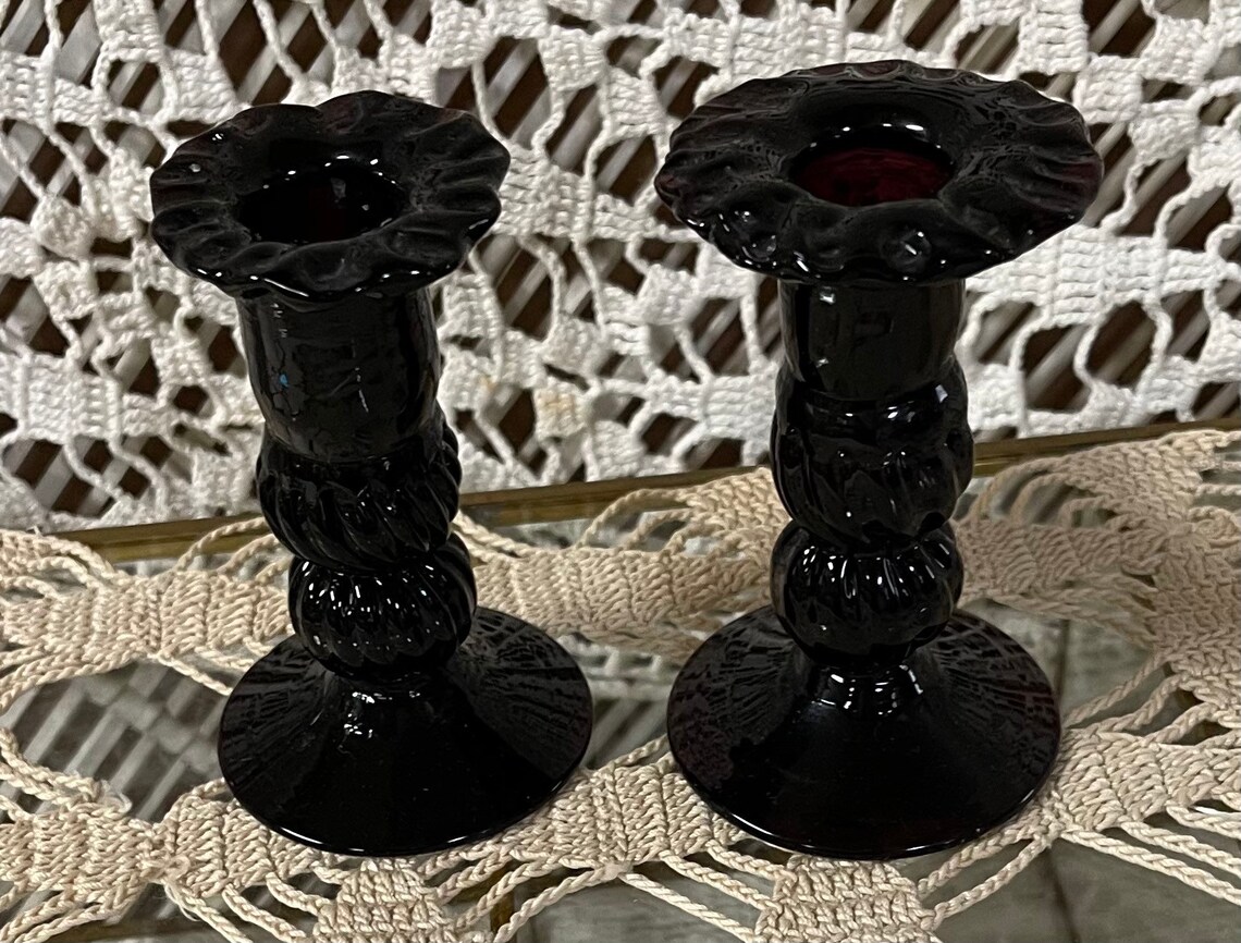VINTAGE Black Amethyst Blown Glass Candle Holders Pontil Etsy