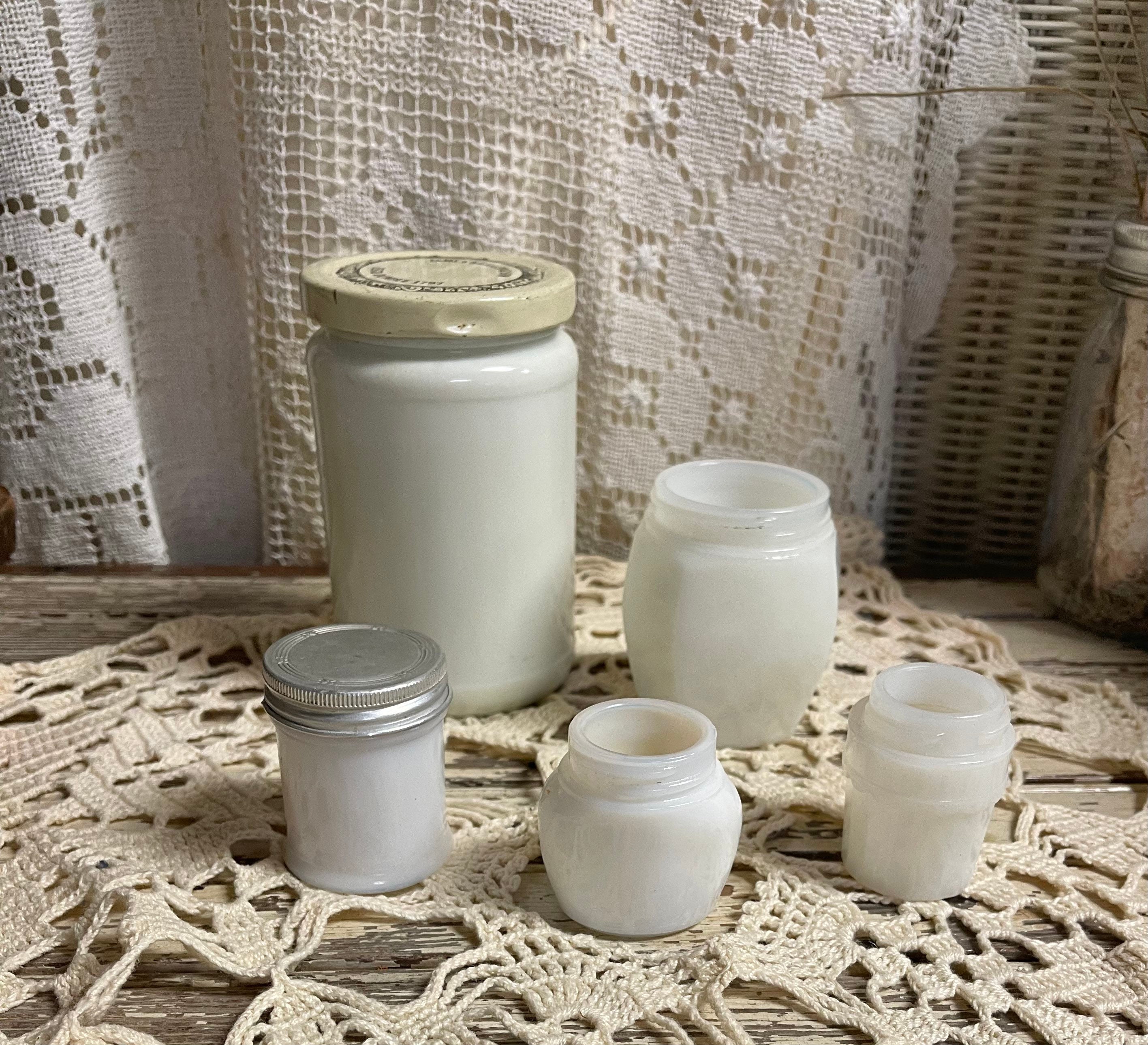 Bxtt Vintage Milk Glass Jar Instant Collection of 5 Ponds Made in USA  MENTHOLATUM James Keiller & Son Scotland Jelly Metal Lid 