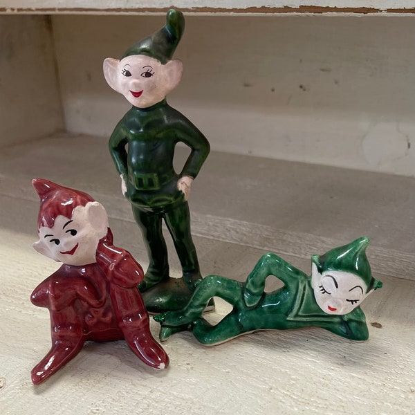 Your Choice Vintage Green Elf Hands On Hip And Reclined Pixie Elf Maroon Sistting Elf Pixies Sassy Charming Whimsical Kitschy  BXEE