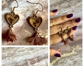 Fuzzy animal print heart earrings with tassels
