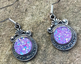 Lavender faux druzy earrings, Gemstone costume earrings