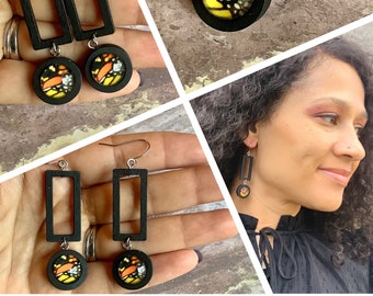 Monarch wing earrings, Black statement earrings