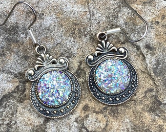 Silver iridescent faux druzy earrings, Gemstone costume earrings