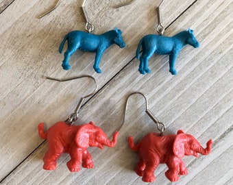 Democrat Earrings, Republican Earrings, Blue donkey earrings, Red elephant earrings