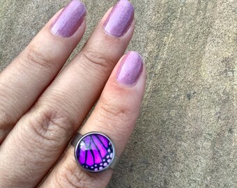 Purple butterfly ring, purple monarch ring, adjustable ring
