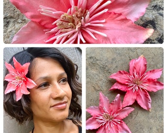 Coral Clematis hair flower, Coral fascinator