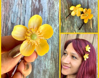 Realistic buttercup hair flower, yellow hair flower clip, buttercup barrette