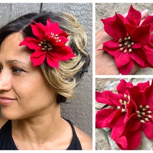 Poinsettia hair clip, Christmas hair flower