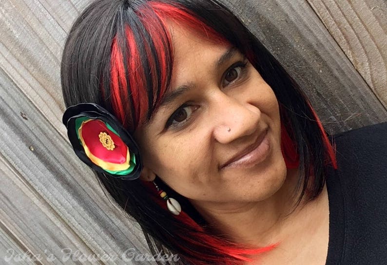 Rasta fabric hair flower red green gold black Rasta inspired