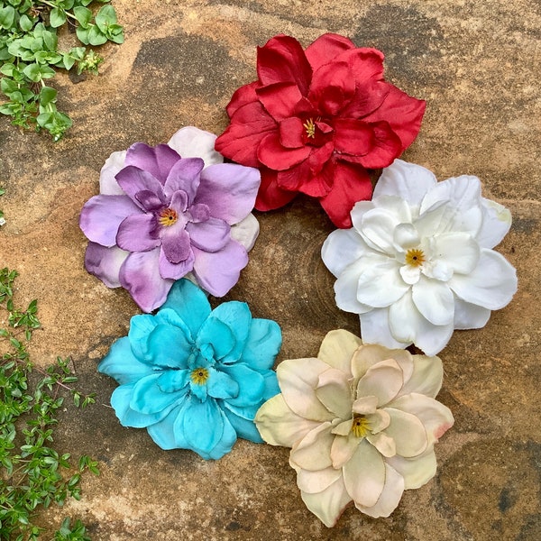 Basic Hair Flower Delphinium, red, tan, creamy white, aqua hair flower clips, great starter flower