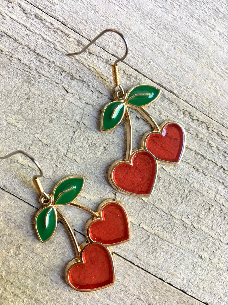 Red Cherry Heart Earrings Red Cherries Earrings Etsy