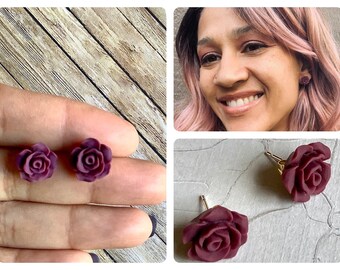 Burgundy rose stud earrings