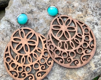 Aqua glitter wood statement earrings