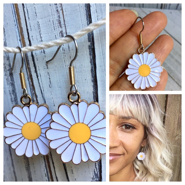 1970s daisy earrings, vintage style daisy earrings.