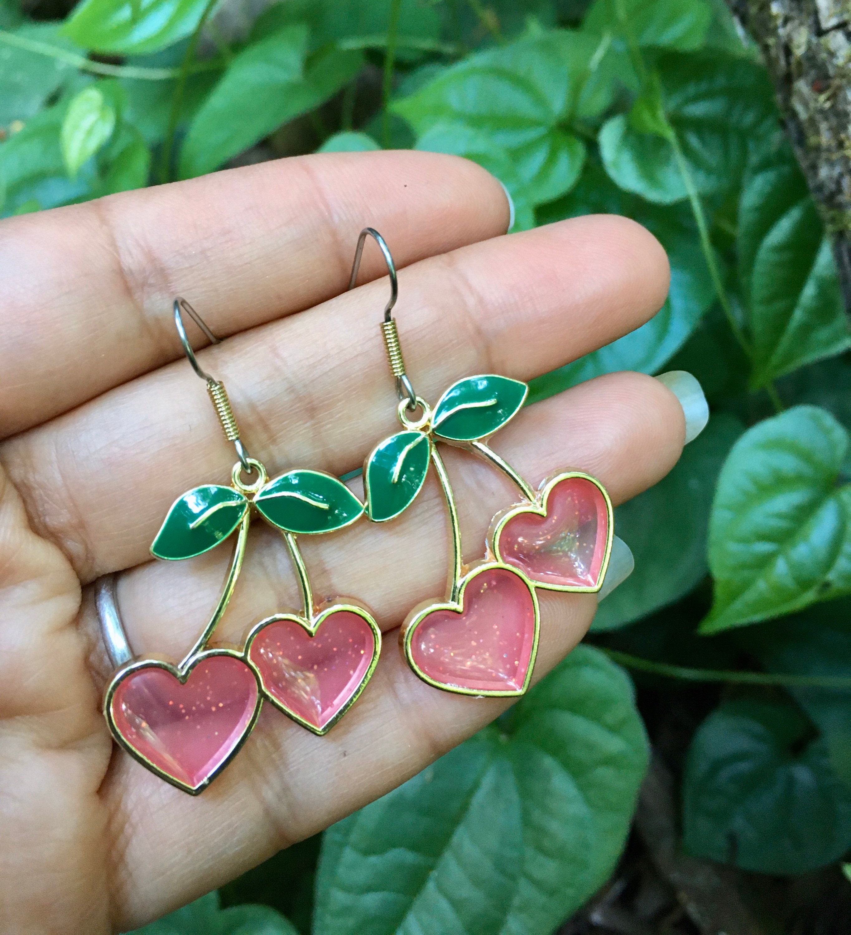 Pink Cherry Heart Earrings Pink Cherries Earrings Etsy