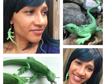 Large iguana earrings, statement lizard earrings, green iguana earrings, realistic iguana
