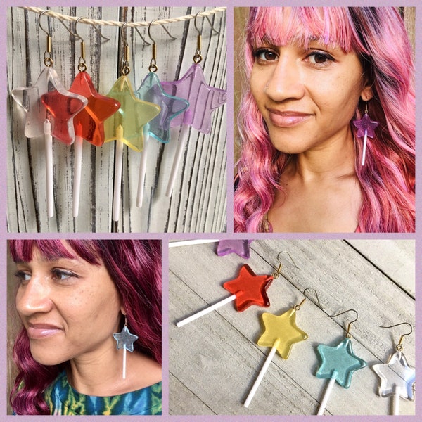Star Lollipop earrings, mismatch, Colorful lolipops