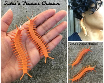 Centipede earrings, orange centipede earrings, millipede earrings