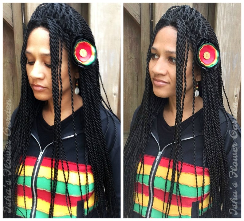 Rasta fabric hair flower red green gold black Rasta inspired