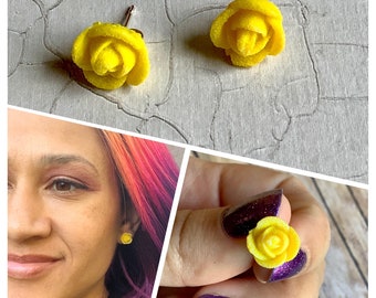 Small yellow rose earrings