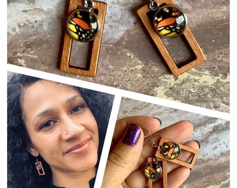 Brown wooden Monarch wing earrings