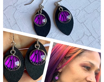 Black and Purple monarch wing earrings, purple butterfly earrings