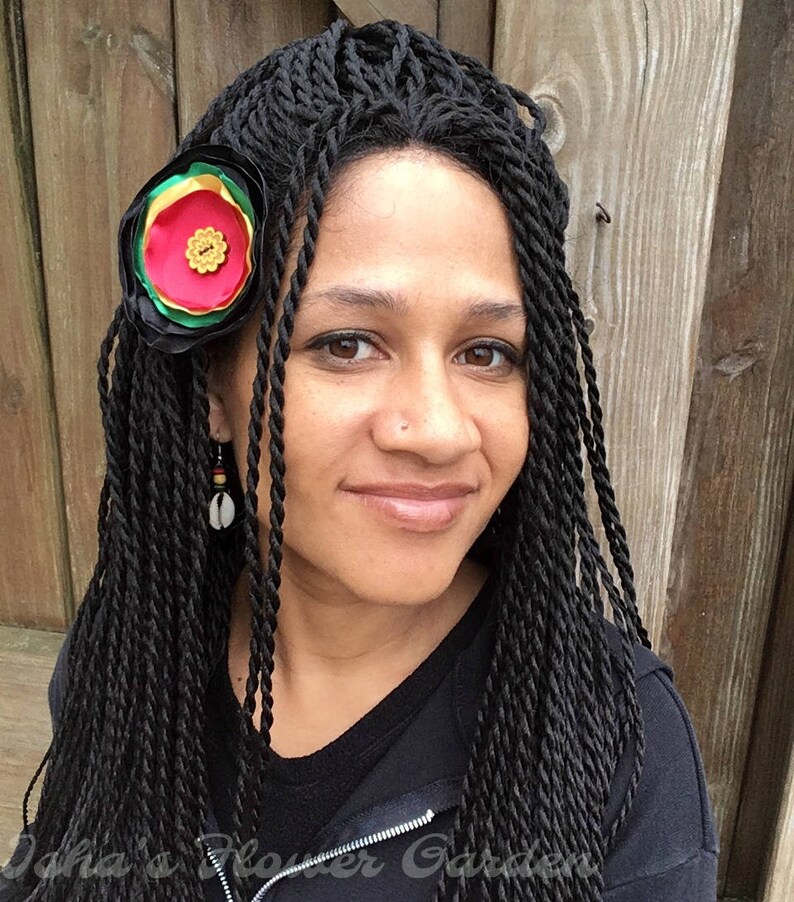 Rasta fabric hair flower red green gold black Rasta inspired