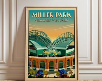 May include: A framed art print featuring a stylized illustration of Miller Park in Milwaukee, Wisconsin. The image depicts the stadium's distinctive retractable roof, brick facade, and surrounding grounds under a warm, sunset-toned sky.