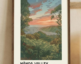 Mānoa Valley Wall Art Print – Honolulu Hawaii Landscape Poster - Vintage Travel Style Illustration - Hawaiian Home Decor - Nature Gift