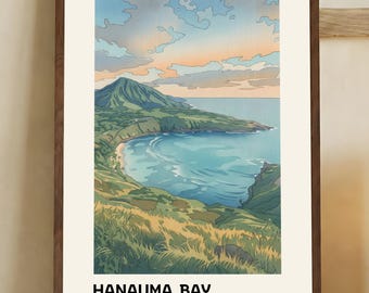Impressão artística de parede da Baía de Hanauma – Pôster da paisagem de Honolulu, Havaí – Ilustração em estilo de viagem vintage – Decoração havaiana para casa – Presente inspirado na natureza
