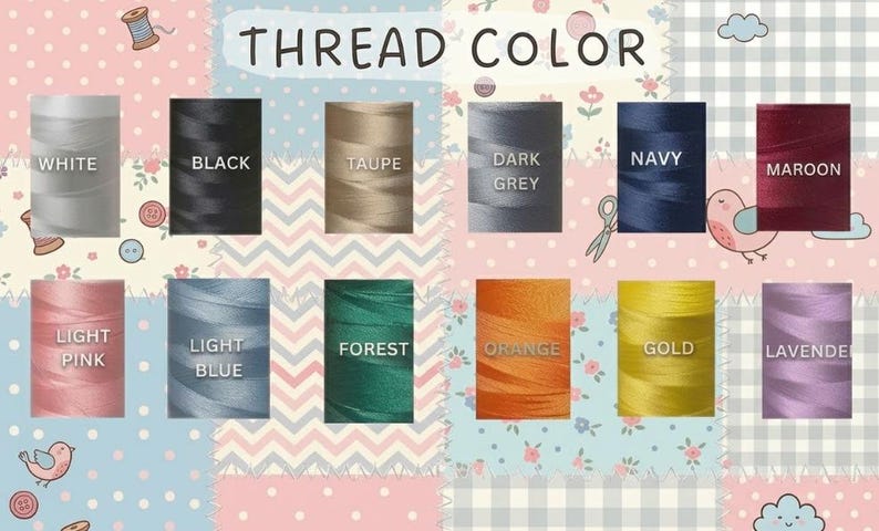 Pu&ograve; includere: Immagine che mostra una tabella colori di fili con la scritta "THREAD COLOR". I colori dei fili includono bianco, nero, talpa, grigio scuro, blu navy, bordeaux, rosa chiaro, azzurro, verde foresta, arancione, oro e lavanda.