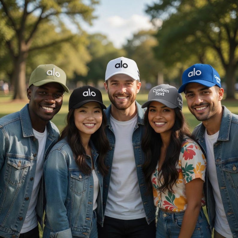 Pu&ograve; includere: Un gruppo di cinque persone indossa cappellini da baseball con la scritta "alo" o "Custom Text". I cappellini sono di vari colori, tra cui verde, nero, bianco, grigio e blu. Tutti sorridono e indossano giacche di jeans.