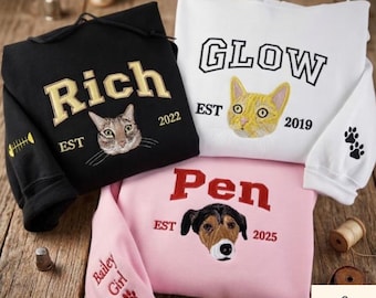 Custom Pet Embroidery Hoodie, Sweatshirt with Your Pet's Portrait Photo, Unique Gift for Pet Lovers