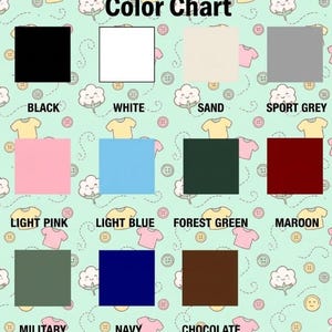 Pu&ograve; includere: Una tabella dei colori con il titolo "Color Chart" in alto. La tabella mostra 12 campioni di colore, ciascuno etichettato con un nome di colore: Nero, Bianco, Sabbia, Grigio Sport, Rosa Chiaro, Azzurro, Verde Foresta, Marrone, Militare, Blu Navy e Cioccolato.
