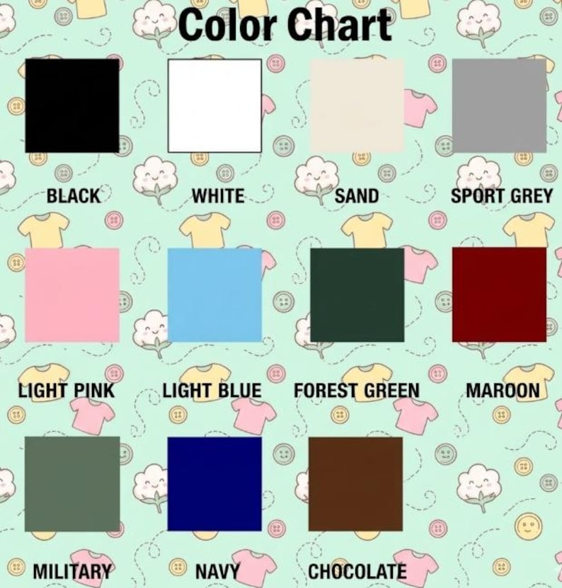 Pu&ograve; includere: Una tabella dei colori con il titolo "Color Chart" in alto. La tabella mostra 12 campioni di colore, ciascuno etichettato con un nome di colore: Nero, Bianco, Sabbia, Grigio Sport, Rosa Chiaro, Azzurro, Verde Foresta, Marrone, Militare, Blu Navy e Cioccolato.